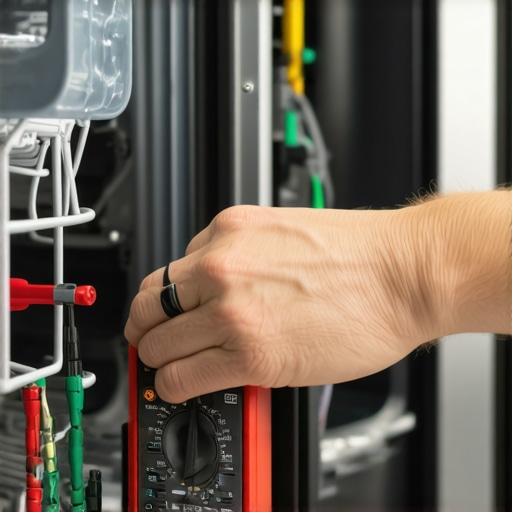 Technician testing dishwasher electrical component with multimeter.