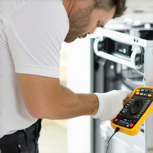 A person using diagnostic tools on a modern dishwasher