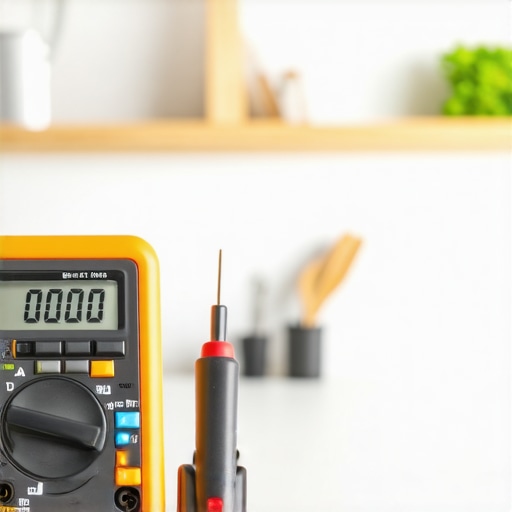 A technician's hand using a digital multimeter to test dishwasher electrical components