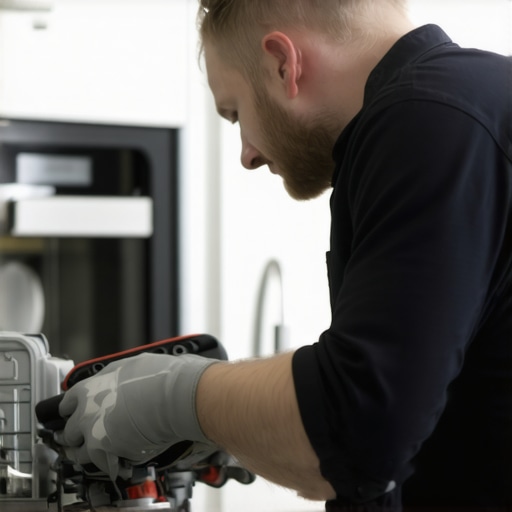 Technician performing advanced diagnostics on a dishwasher with specialized tools