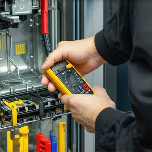 Technician testing dishwasher wiring with a multimeter for warranty diagnostics