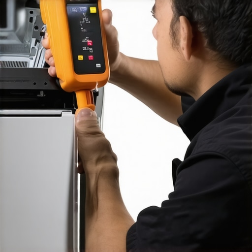 Technician analyzing dishwasher components with multimeter and thermal camera