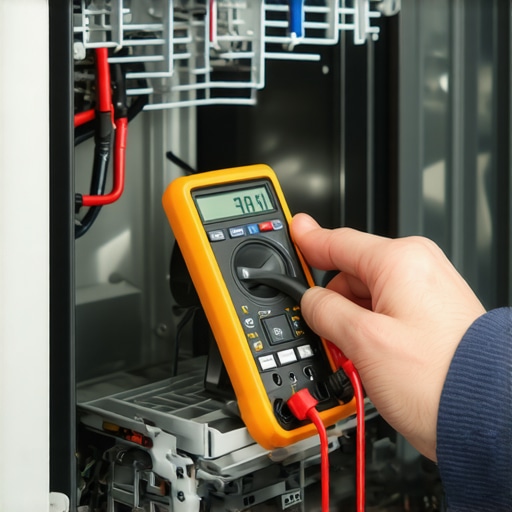 Technician testing dishwasher wiring with multimeter, demonstrating professional diagnostic practices.