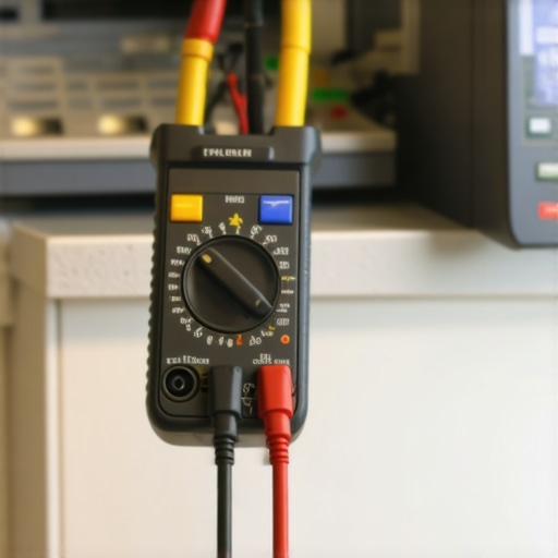 Close-up of a multimeter testing dishwasher wiring inside an appliance repair setting.