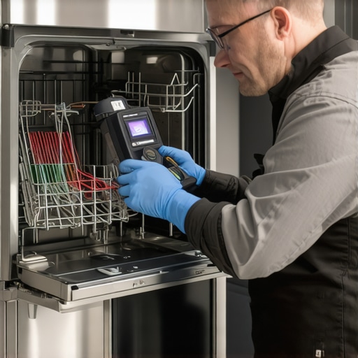 Technician inspecting dishwasher with thermal camera, identifying heat spots indicating faults.