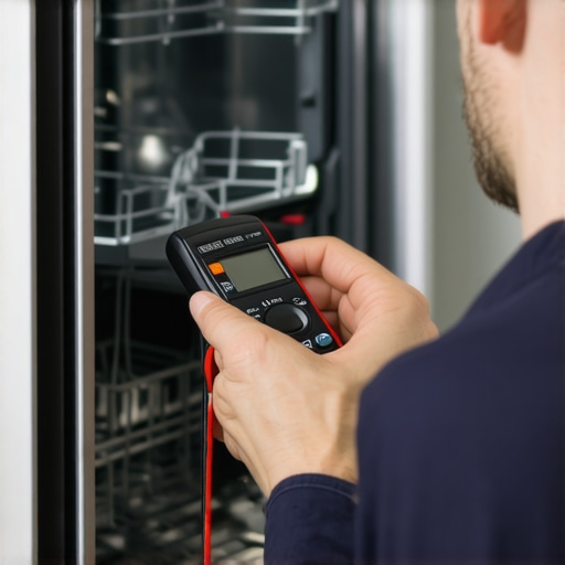 Technician testing dishwasher sensor resistance with multimeter