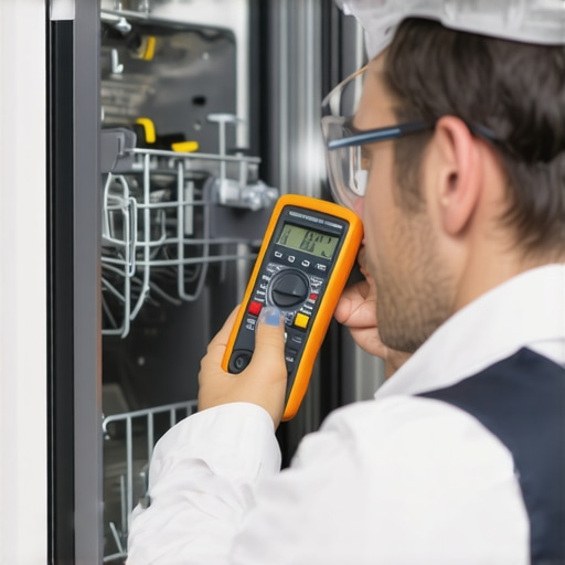Technician using a multimeter to test a dishwasher control panel