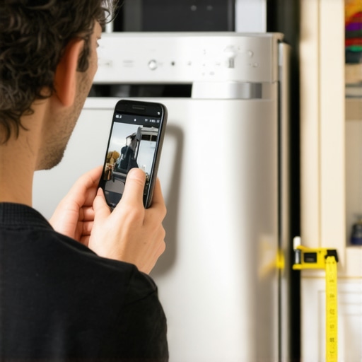Person capturing detailed photos of dishwasher leak with measuring tape for warranty claim.