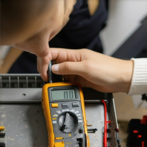 Technician using multimeter device to test dishwasher sensor