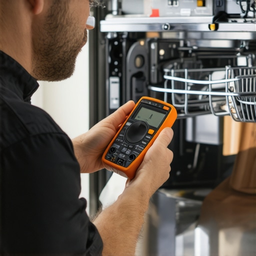 Technician measuring dishwasher sensor resistance with multimeter