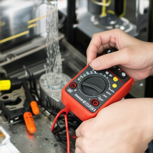 Person testing dishwasher wiring with a multimeter to detect electrical faults