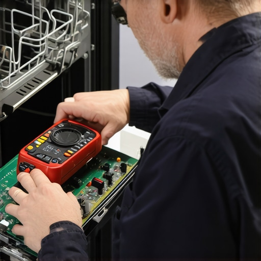 Technician testing electrical component of dishwasher with multimeter