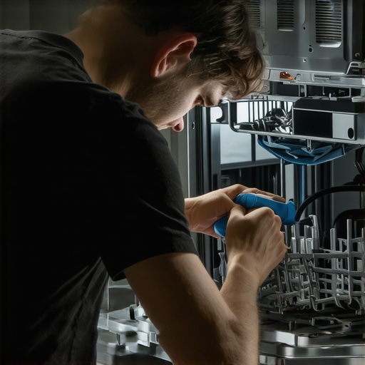 Technician using digital tools for dishwasher diagnostics