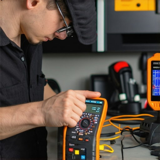 Technician performing diagnostics with Bluetooth multimeter and thermal camera