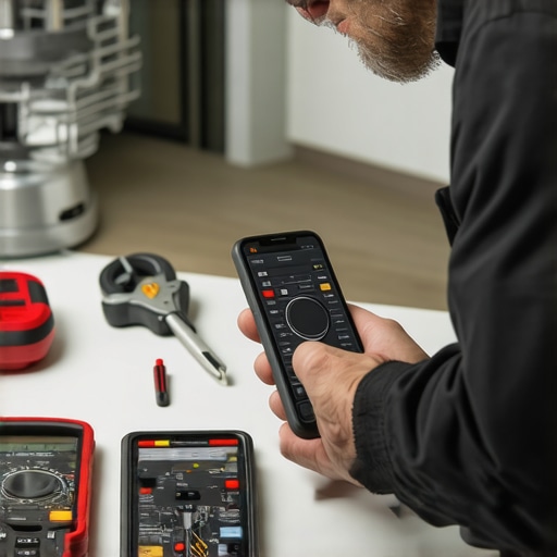 Technician testing dishwasher components with a multimeter and smartphone app