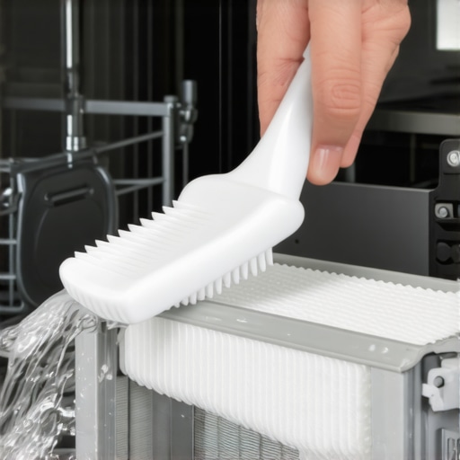 Person cleaning dishwasher filter with brush and water