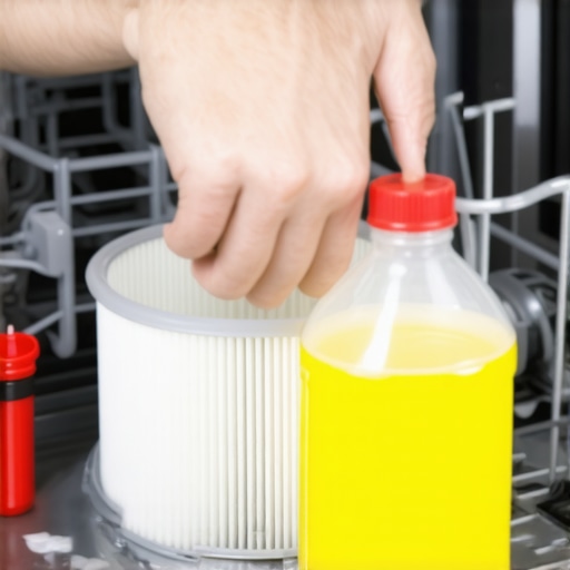 Person cleaning dishwasher filter with brush and vinegar