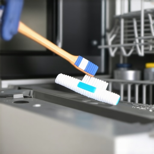 Technician cleaning dishwasher latch with toothbrush and vinegar solution