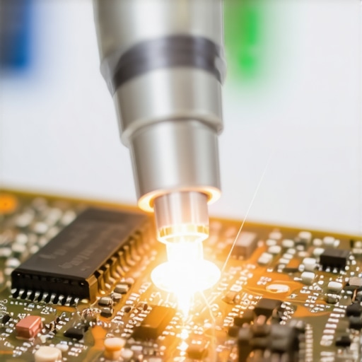 Technician using laser diode detector on dishwasher control board to find micro-cracks and shorts.