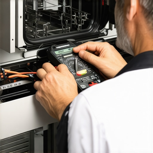 Technician testing a dishwasher's control board with a multimeter in a workshop.