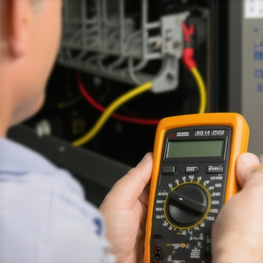 Hand holding a multimeter to test dishwasher wiring during maintenance.