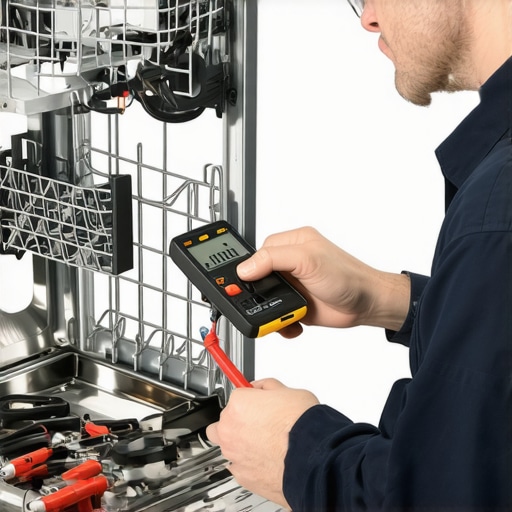 Technician testing the dishwasher's heating element with a multimeter