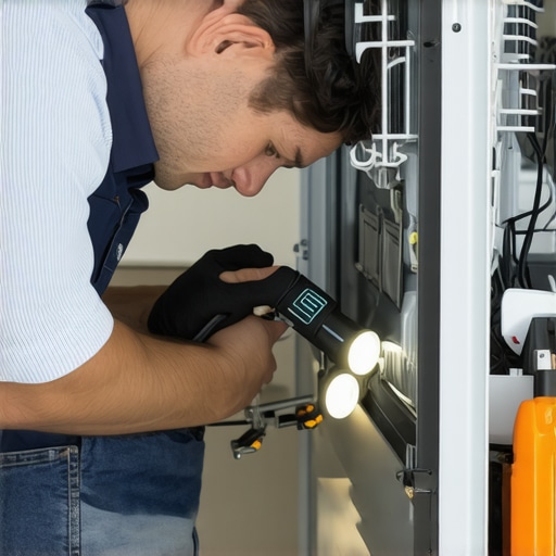 Technician inspecting dishwasher drain pump component with flashlight