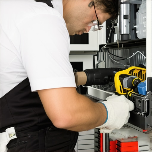 Technician disconnecting dishwasher power and preparing to drain residual water