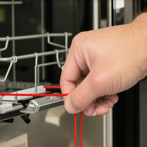 Hand demonstrating a zip tie secured around a dishwasher latch for temporary fix.