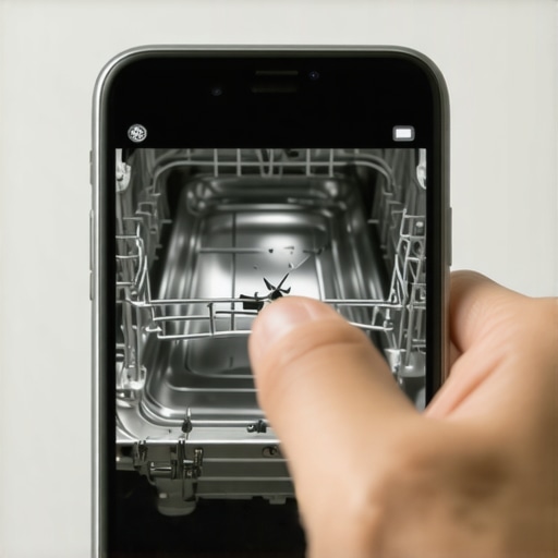 Close-up of a smartphone photographing a cracked dishwasher tub.