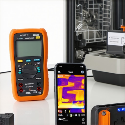 A technician's workspace showing diagnostic tools including a multimeter, thermal camera, and smartphone.