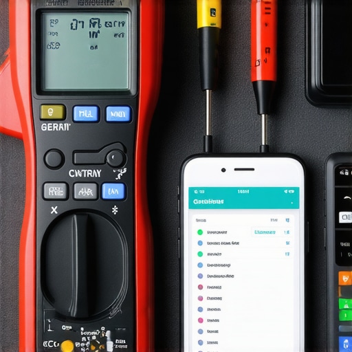 A collection of professional-grade multimeter, laser thermometer, and smartphone app open on screen showcasing appliance diagnostics.