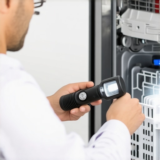 Technician carefully examining rubber seal of dishwasher with flashlight