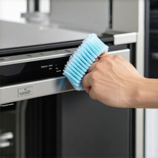 Close-up of a technician cleaning the dishwasher door latch with a cloth, showing detailed view of latch mechanism.