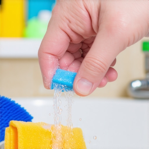 Person cleaning a kitchen sink air gap with brush and vinegar