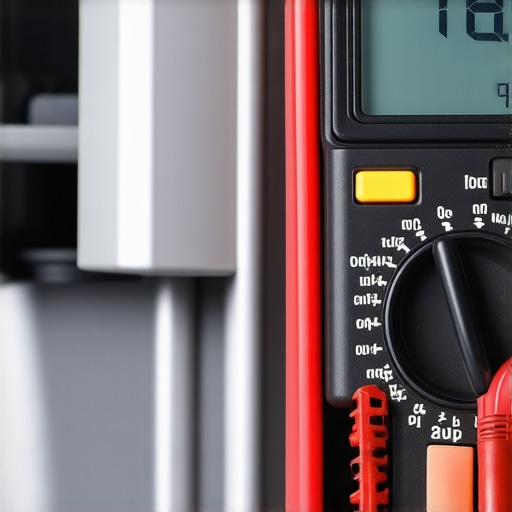 Close-up of a multimeter probes testing resistance on a dishwasher heating element