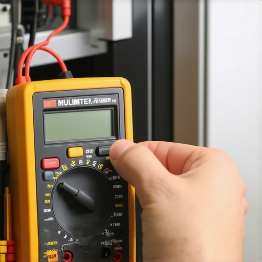 Person testing an appliance's electrical component with a multimeter to diagnose issues.