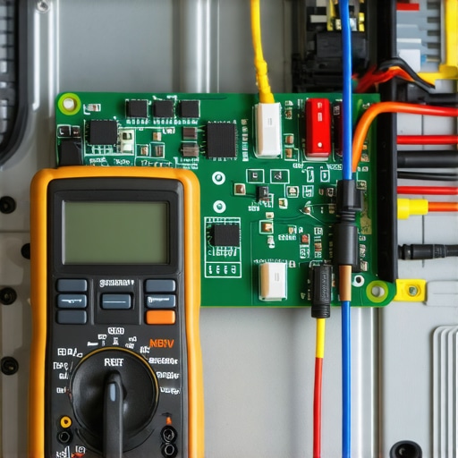 A hand using a digital multimeter to test a dishwasher control board for faults.