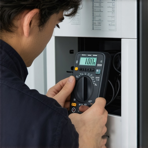 Technician using a multimeter to diagnose appliance issues