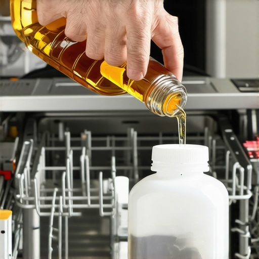 Person pouring vinegar into dishwasher for cleaning cycle.