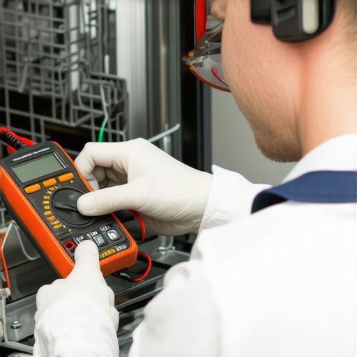 Technician testing dishwasher's electrical component with a multimeter.