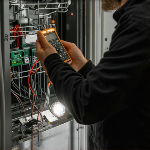 Technician testing dishwasher control board with multimeter and smartphone in workshop