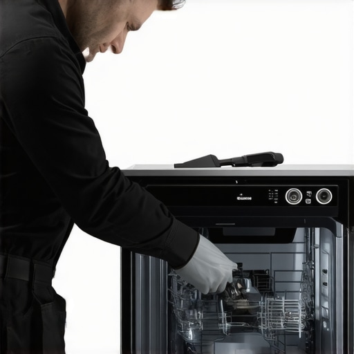 Technician resetting dishwasher Wi-Fi module with tool in modern kitchen.