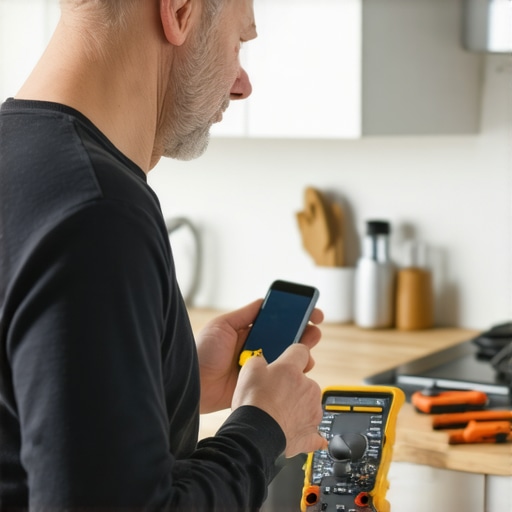 Homeowner testing dishwasher with smartphone and multimeter in kitchen