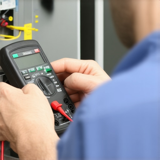 Technician holding a multimeter to diagnose appliance wiring.