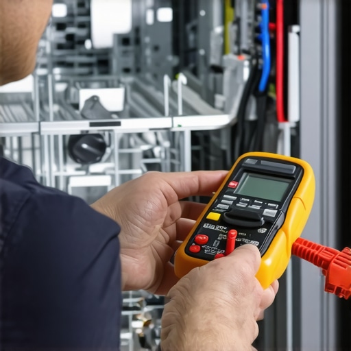 Technician inspecting dishwasher circuit with multimeter in kitchen