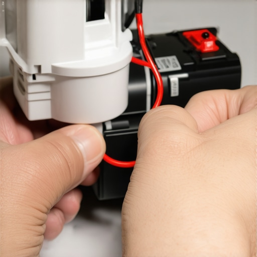 Hands connecting wires from a 9V battery to a dishwasher inlet valve to test functionality.
