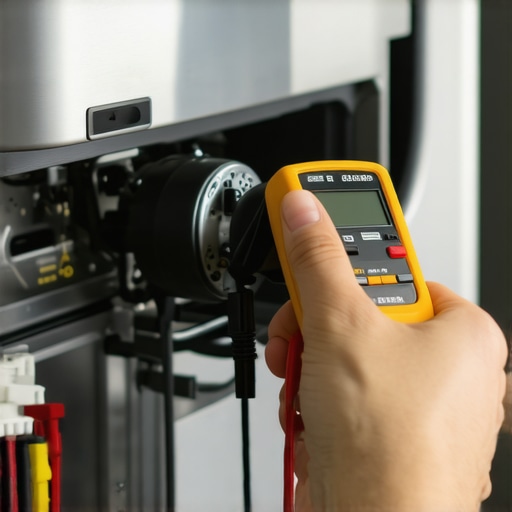Hand using multimeter to check dishwasher door latch for continuity.