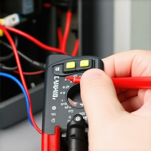 A technician's hand using a multimeter to check resistance on a dishwasher motor wiring