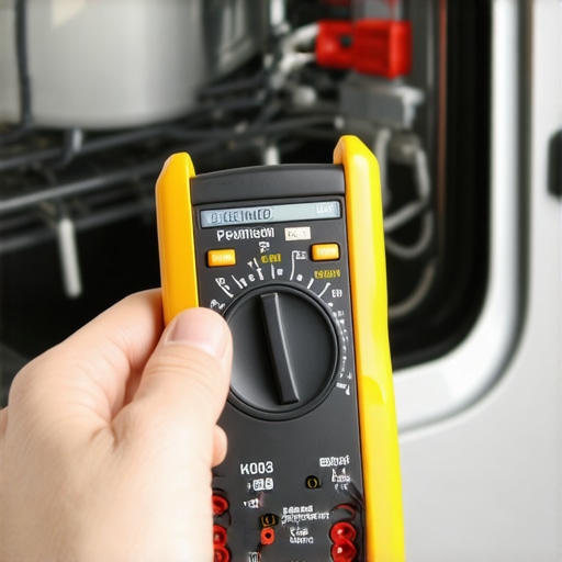 Person demonstrating multimeter test on dishwasher fuse